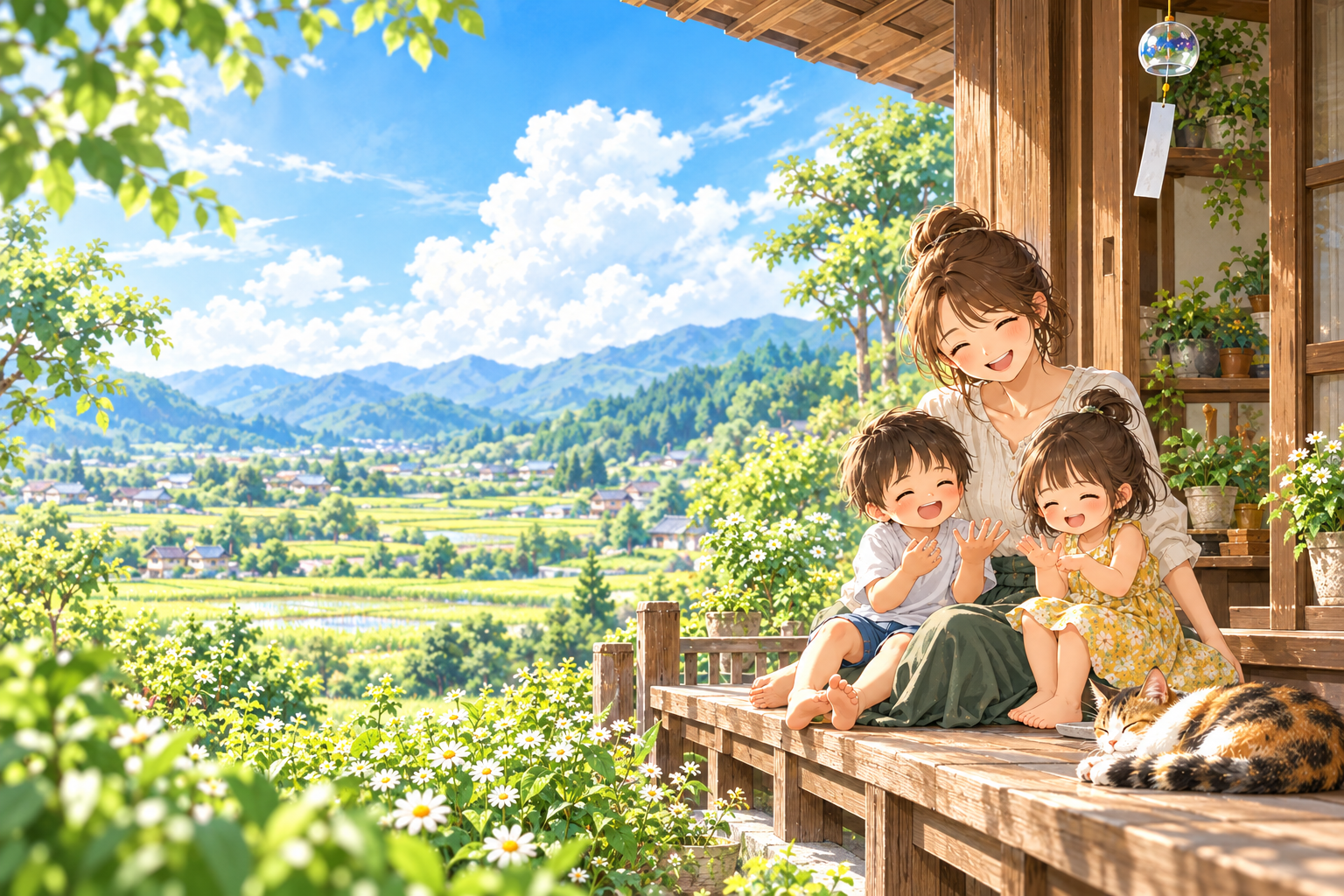 田舎の縁側で笑う親子と、そばで眠る猫